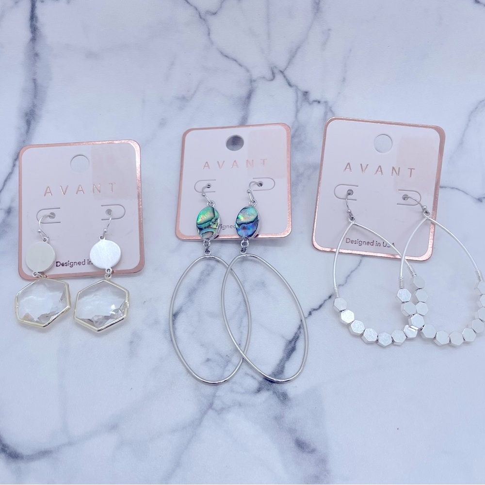 3 Pairs New Avant Earrings Silver Tone Dangle Drop Variety